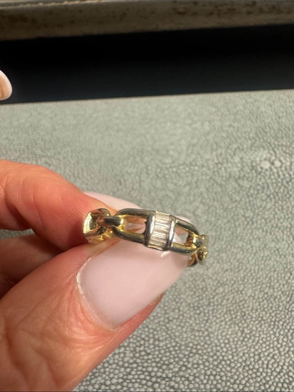 Gold Link Ring with Baguette-Cut Clear Stones